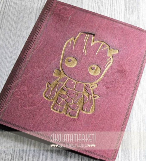 Baby Groot Logolu Ahşap Kapaklı Özel Üretim Şık Defter