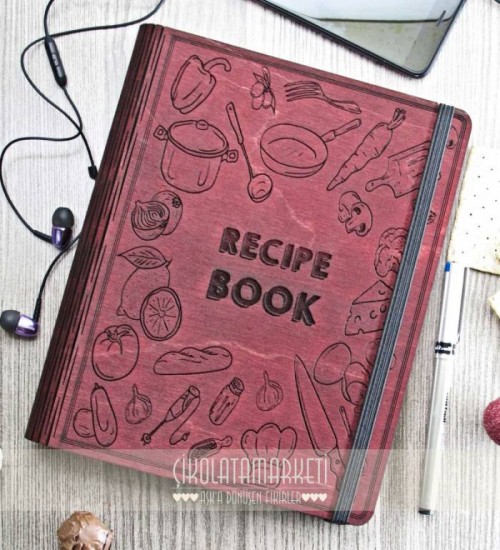 Recipe Book Yazılı Ahşap Kapaklı Özel Üretim Şık Defter