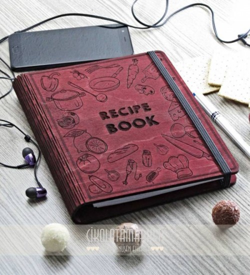 Recipe Book Yazılı Ahşap Kapaklı Özel Üretim Şık Defter